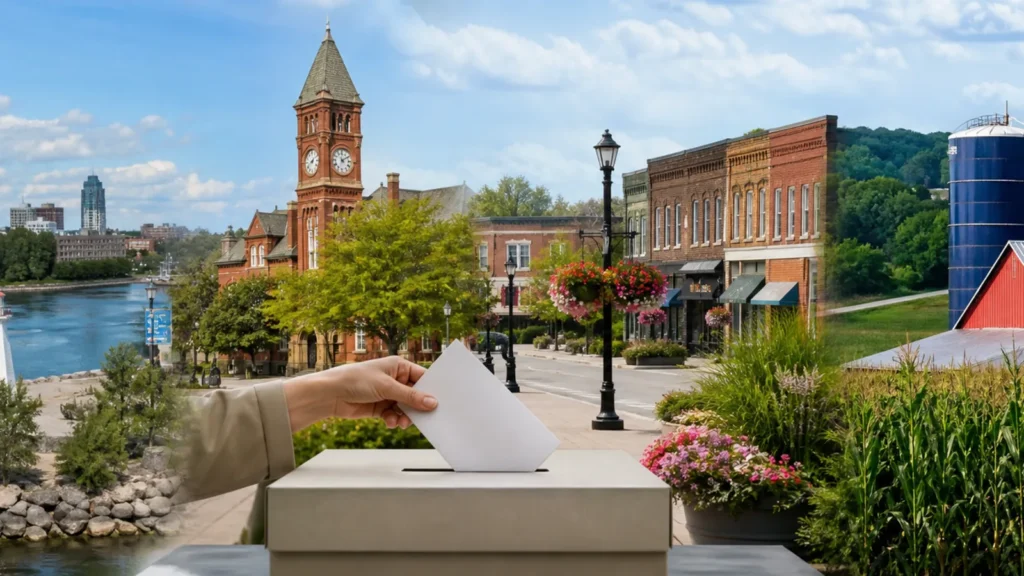Durham Region waterfront, civic centres, main streets and farmland with a neutral ballot box